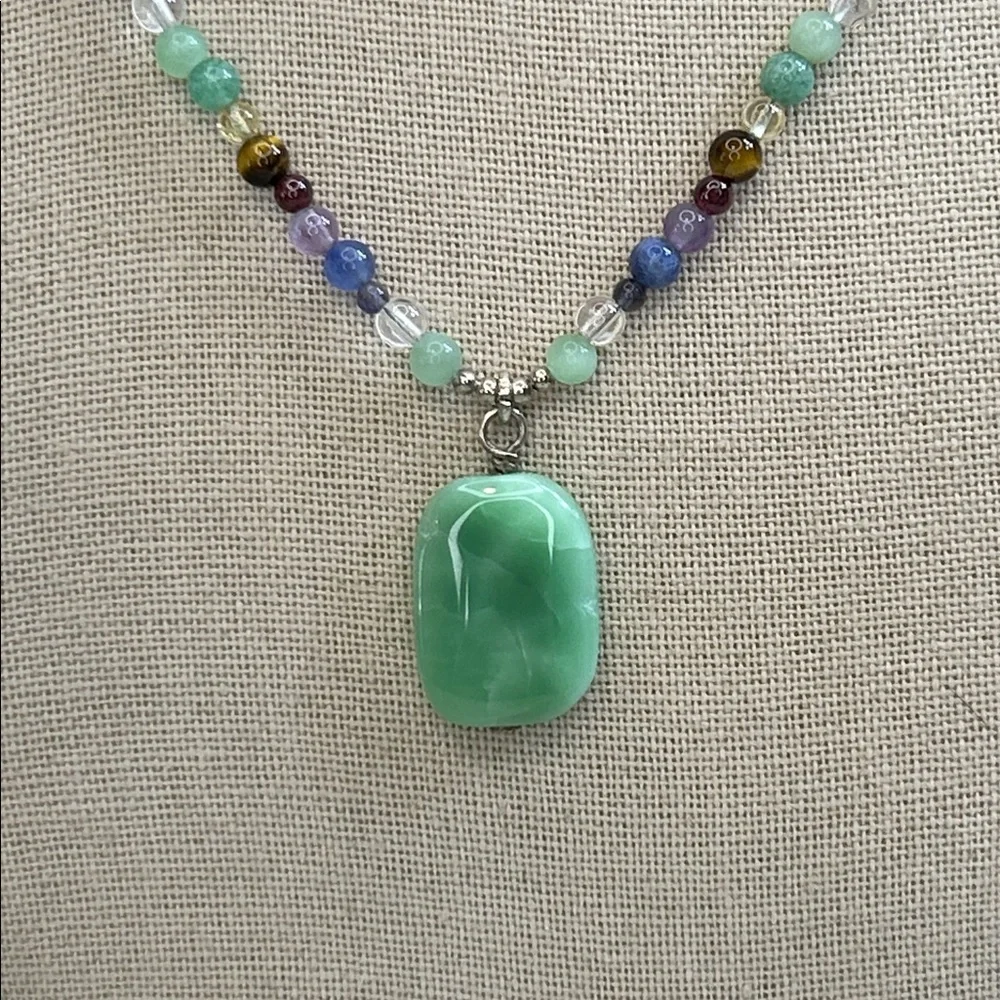 Multicolor 925 Sterling Silver Stone Necklace with Green Glass Pendant - Picture 2 of 5